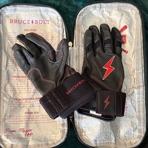 Like New Bruce Bolt Youth Long cuff batting gloves, black with metallic red T42